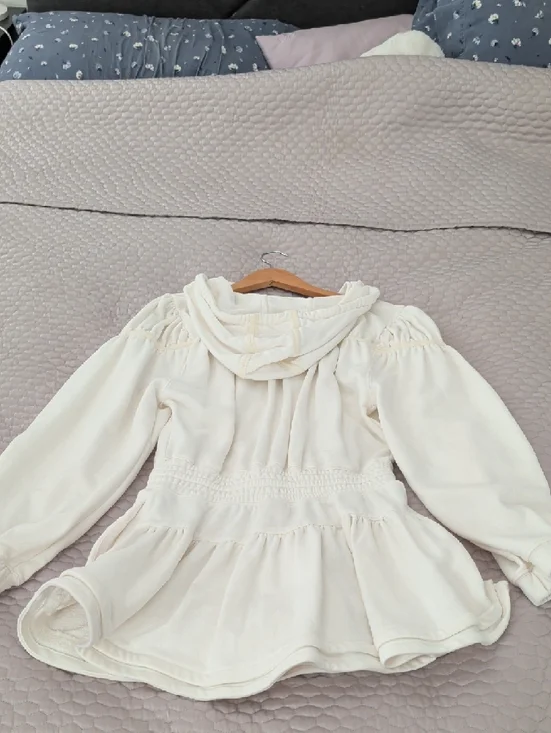 Cream Hooded Ruffled Waist Sweatshirt Dress - Picture 2 of 3